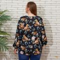 Women Plus Size Casual Floral Print V Neck Zipper Long-sleeve Blouse Black