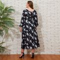 Women Plus Size Elegant V Neck Floral Print Long-sleeve Dress Black