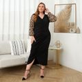Women Plus Size Sexy V Neck Leopard Print Ruched Long-sleeve Dress Black