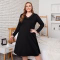 Women Plus Size Basics V Neck Lace Design Long-sleeve Nightgown Black