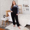 2-piece Women Plus Size Casual Plaid Colorblock Long-sleeve Top and Pants Pajamas Lounge Set Black