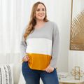 Women Plus Size Casual Colorblock V Neck Long-sleeve Tee Apricot