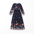 Family Matching All Over Floral Print Dark Blue Long-sleeve Dresses and Striped T-shirts Sets Dark Blue
