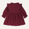 Crepe Solid Ruffle and Bow Decor Long-sleeve Burgundy Baby Dress Burgundy