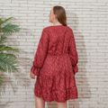 Women Plus Size Vacation Floral Print Ruffled Long-sleeve Dress Red