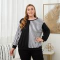 Women Plus Size Casual Striped Colorblock Long-sleeve Tee Black/White