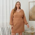 Women Plus Size Elegant V Neck Pearl Design Sweater Dress lighttan