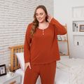 2-piece Women Plus Size Casual Button Design Long-sleeve Tee and Pants Pajamas Lounge Set Orange
