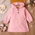 Toddler Girl Heart Textured Pocket Button Design Hooded Sweatshirt Dress Pink