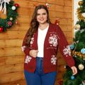 Women Plus Size Casual Christmas Snowflake Pattern Sweater Cardigan Burgundy