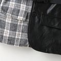 Plaid Print and Solid Leather Splice Lapel Collar Belt Decor Long-sleeve Black Toddler Coat Windbreaker Black