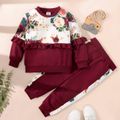2-piece Toddler Girl Floral Print Ruffled Sweatshirt and Pants Casual Set Burgundy image 1