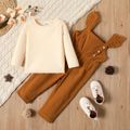 2-piece Toddler Girl 100% Cotton Textured Long-sleeve Top and Ruffled Brown Overalls Set Brown