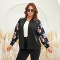 Women Plus Size Casual Floral Print Zipper Bomber Jacket Black