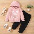 2-piece Toddler Girl Rabbit Embroidered Cable Knit Textured Hoodie Sweatshirt and Black Pants Set Pink