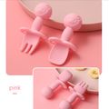 Cartoon Silicone Baby Feeding Set Includes Spoons & Forks Infant Newborn Utensil Set for Self-Training Pink