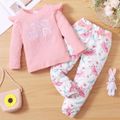 2-piece Toddler Girl Letter Embroidered Ruffled Long-sleeve Ribbed Pink Top and Bowknot Design Rabbit Print Pants Set Pink