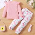 2-piece Toddler Girl Letter Embroidered Ruffled Long-sleeve Ribbed Pink Top and Bowknot Design Rabbit Print Pants Set Pink