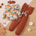 3-piece Toddler Girl Floral Print Ruffled Long-sleeve Top, Bowknot Design Overalls and Headband Set Multi-color image 1