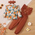 3-piece Toddler Girl Floral Print Ruffled Long-sleeve Top, Bowknot Design Overalls and Headband Set Multi-color image 2