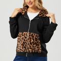 Maternity Leopard Panel Kangaroo Pocket Zip Up Hooded Coat ColorBlock