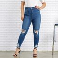 Women Plus Size Casual Skinny Ripped Denim Jeans Light Blue