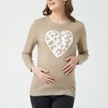 Maternity Heart Leopard Print Pullover Sweatshirt Khaki