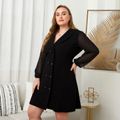 Women Plus Size Elegant Lapel Collar Double Breasted Mesh Long-sleeve Dress Black