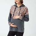 Maternity Leopard Panel Kangaroo Pocket Drawstring Hoodie Grey