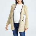 Maternity Stripe Splice Solid Color Plush Fleece Cardigan Coat Apricot