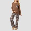 Maternity Leopard Splice Long-sleeve Tee and Pants Pajamas Lounge Set Brown