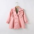 Solid Leather Lapel Collar Double Breasted Ruffle Decor Long-sleeve Orange or Black Toddler Coat Jacket Pink
