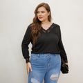 Women Plus Size Basics Lace Design V Neck Long-sleeve Tee Black
