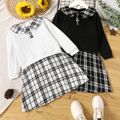 Toddler Girl Faux-two Doll Collar Cable Knit Textured Plaid Tweed Long-sleeve Dress White