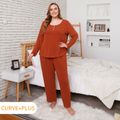 2-piece Women Plus Size Casual Button Design Long-sleeve Tee and Pants Pajamas Lounge Set Orange