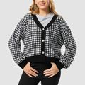 Houndstooth Print Button Up Knit Sweater Black