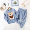 2pcs Bear or Kitty Applique Fluffy Long-sleeve Pink or Blue or Brown Toddler Pajamas Home Set Light Blue
