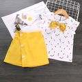 2pcs Star Allover Ruffle and Bow Decor Doll Collar Flutter-sleeve Top and Solid Faux Skirt Shorts White or Black Toddler Set Yellow