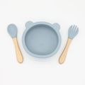 3-pack Baby Cute Cartoon Bear Silicone Suction Bowl and Fork Spoon with Wooden Handle Baby Toddler Tableware Dishes Self-Feeding Utensils Set for Self-Training Bluish Grey