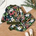 2-piece Toddler Girl Butterfly/Floral Print Colorblock Zipper Bomber Jacket and Elasticized Pants Set Army green