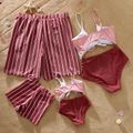 Family Matching Striped Swim Trunks Shorts and Colorblock Spaghetti Strap Knot One-Piece Swimsuit Pink