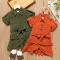 Toddler Girl 100% Cotton Faux-two Ruffled Button Design Short-sleeve Dress Dark Green