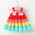 100% Cotton Rainbow Design Bunny Applique Sleeveless Red Baby Tank Dress Red