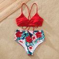 Family Matching Allover Floral Print Swim Trunks Shorts and Spaghetti Strap Two-Piece Swimsuit Red