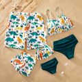 Family Matching Allover Colorful Dinosaur Print Swim Trunks Shorts and Spaghetti Strap Two-Piece Swimsuit Dark Green
