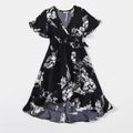 Floral Print Black V Neck Ruffle Sleeve Tulip Hem Self-tie Wrap Dress for Mom and Me BlackandWhite