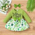 St. Patrick's Day 2pcs Baby Girl Letter Print Ribbed Long-sleeve Splicing Four-leaf Clover Print Bowknot Dress with Headband Set Green image 1