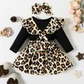 3pcs Ribbed Solid Long-sleeve Romper and Leopard Print Ruffle Decor Skirt with Shoulder Straps with Headband Pink or Black Baby Set Black