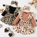 3pcs Ribbed Solid Long-sleeve Romper and Leopard Print Ruffle Decor Skirt with Shoulder Straps with Headband Pink or Black Baby Set Black