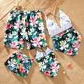 Family Matching Allover Floral Print Swim Trunks Shorts and Spaghetti Strap One-Piece Swimsuit Green image 2